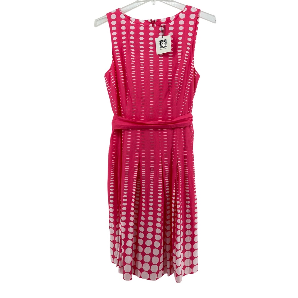 NWT Anne Klein Camellia Sleeveless Pink White Polka Dot Belted Midi Dress Sz 12